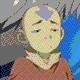 Animated character with bald head and blue arrow tattoo wears red robe, eyes shift from closed to open while mouth changes from neutral to smiling.