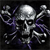 Pixelated skull with crossed bones on dark background, featuring gray and purple tones with visible pixelation.