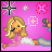 Pixel art contact sheet showing three frames of an animated buddy icon with pink background, sparkles, and text changes.