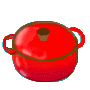 Red pot with brown handles and knob, closed lid on left, open lid revealing soup with broccoli and carrots on right.