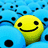 Yellow smiley face with black eyes and mouth surrounded by blue circular shapes with black dots, on a solid light blue background.