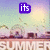Pixelated summer scene with sun, trees, and buildings; text overlays change across frames.