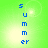 Pixelated blue text spelling 'summer' vertically on a green gradient background with light effects.