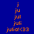 Blue background with orange text 'julia!<33' and repeated 'ju', 'jul', 'juli' in vertical , pink rectangular blocks overlaying parts of the