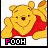 Yellow bear in red shirt with hand near face, text 'POOH' below on white background.