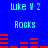 Blue background with repeated light blue text 'Luke N 2' and 'Rocks', red horizontal bars forming a pattern, two identical frames showing the same layout.