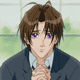 Anime character with brown hair and purple eyes in school uniform, shown across six expressions from neutral to smiling.