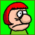 Pixelated character with red hair and green shirt displays three sequential expressions: wide eyes, squinting, and open mouth with blue tongue against green background.