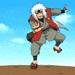 Animated character in gray outfit with red scarf performing dynamic poses against blue sky background.