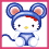 Hello Kitty character in blue mouse ears and tail, with red hair streak, against white background; four