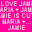 Pixelated text displays 'LOVE JAM', 'MARIA + JAM', 'MIE IS CU', 'MARIA +...', and 'JAMIE' across four color backgrounds: bright pink, dark purple, black, and magenta.