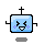 Pixelated blue square character with black cross on top, closed eyes, purple blush marks, and open mouth showing teeth; two arms extend from sides.