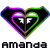 Two heart-shaped icons with black centers displaying 'FF' symbols, surrounded by rainbow-colored borders and labeled 'Amanda' below.