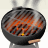 Pixelated circular icon showing a dark frying pan with glowing orange embers and small yellow flame, steam rising from the top against light background.