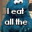 Blue furry character with white eyes and black pupils, displaying text in pixelated fonts across six