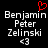 Pixelated text displays 'Benjamin Peter Zelinski' with '<3' below, a red heart symbol above the name, and a second identical text block to the right on a black background.