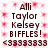 Pixelated text and symbols on a pink floral background with repeated 'Alii Taylor Kelsey BIFFLES!' and '<3' sequences.