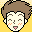 Pixel art contact sheet showing two frames of a cartoon character's face with brown hair, closed eyes, and pink blush on yellow background.