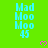 Green background with repeated cyan text 'Mad Moo Moo 45' and pink heart symbols in a