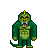 Pixelated green creature with red eyes, yellow accents on head and feet, open mouth showing teeth and tongue, chest symbol resembling Chinese character.