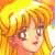 Pixelated close-up of a character with light brown hair and large eyes, wearing a red garment against a bright yellow background.