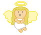 Pixelated angel with blonde hair, yellow halo, and wings; white dress; orange feet; two expressions shown.