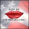 Static image with red lips centered over a blurred American flag background, displaying text above and below the lips.