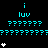 Pixelated cyan text 'i luv' above repeated question marks and white star-like shapes on black background with gray corner overlay.