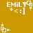 Pixelated white text and symbols on a mustard background, with animated elements shifting between frames.