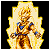 Pixelated character with spiky golden hair and blue wristbands, surrounded by a bright yellow aura against black background.