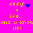 Pixelated text on bright pink background with blue heart and blue dot animations replacing 'emily!' symbols.