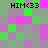 Pixelated of green, purple, and gray squares with four instances of 'HIM<33' text in black block letters