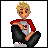 Pixel art character with blonde hair in red-and-gray shirt and black pants sits cross-legged, text appears sequentially