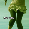 25 identical static images showing a person's lower body in green tights and a green ruffled skirt against a light blue background, each with unique text overlays