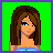 Pixelated icon of a woman with brown hair and blue eyes, wearing a strapless top against green background.