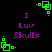 Pixelated green geometric shapes and purple text 'I Luv Skulls' on a black background, with animated green shapes moving in a circular pattern.