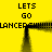 Yellow background with black pixelated text and a central frame structure displaying repeated 'LETS GO' and 'LANCEFISH!!!!!!!!' phrases.