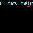Pixelated cyan text 'I LOV3 DQHNI' repeats across a black background with one instance featuring red heart-shaped pixel art over the letters.