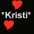 Pixelated red hearts float above repeated "*Kristi*" text in six distinct color variations against a black background.