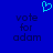 Blue background with cyan heart symbol above text reading 'vote for adam' in dark blue pixelated font, duplicated side-by-side.