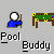 A contact sheet of 7 animated frames showing a pixelated pool buddy icon with a stick figure and pool table, arranged in a 3x3 grid on gray background.