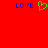 Red background with blue 'LOVE' text on left and right, green pixelated heart symbol in center.