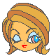 Pixelated cartoon head with blonde hair, blue eyes, and red lips showing two eye states: left eye closed, right eye open; then both eyes open.