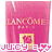 Six identical pink rectangular icons with 'LANCOME PARIS' text and a yellow square logo, each paired with 'JUICY =' followed by heart symbols in varying colors.