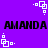 Purple background with repeating black text and white pixelated square patterns in four corners and center.