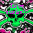 Two green skulls with black eye sockets and white teeth, overlaid with pink text on a pixelated background of black, white, and pink shapes.