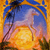 A static pixelated image shows a white bird standing on a beach at sunset with palm trees and a blue sky in the background.