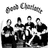 Black-and-white group photo of five people with 'Good Charlotte' text above, red background with white 'g', and large red 'C' on beige