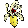 Animated banana character with yellow peel, brown spots, and peeled segments; clenched fists raised, mouth open in a shout showing teeth and tongue.