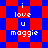 Pixelated text 'i love u maggie' on red and blue checkered background with animated diamond pattern transition.
